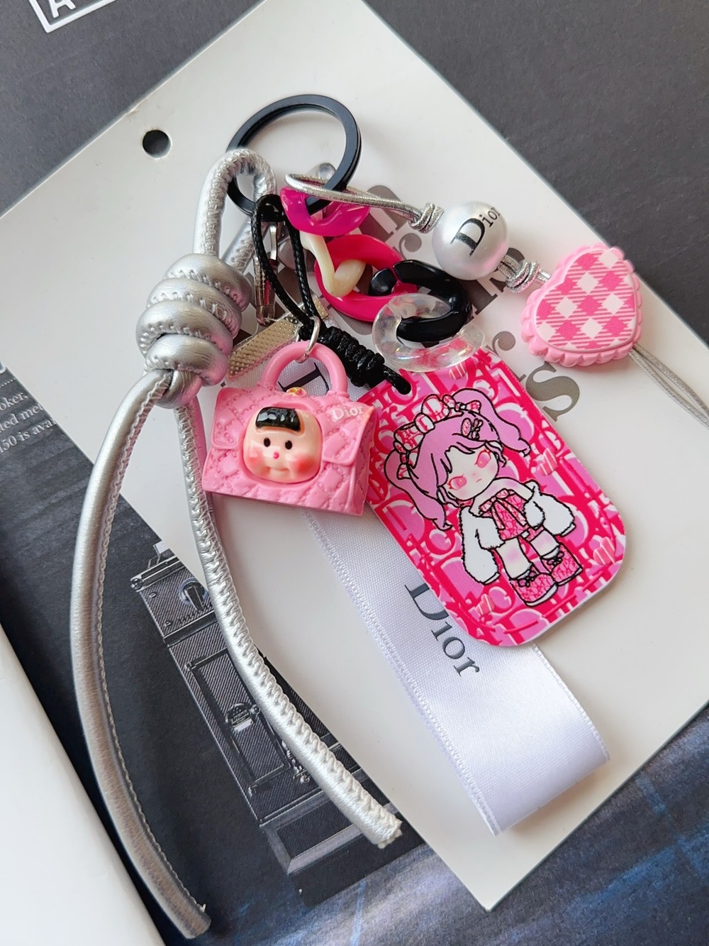 Authentic CD Ribbons & unbranded Pink Bag Charm Keychain - Picture 3 of 3